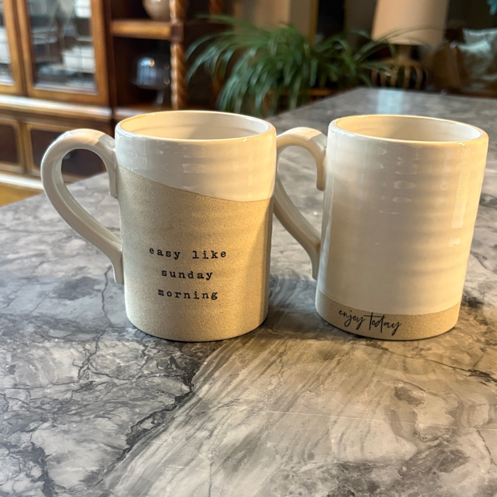 Mud Pie Cream and Tan Ceramic Mug Set